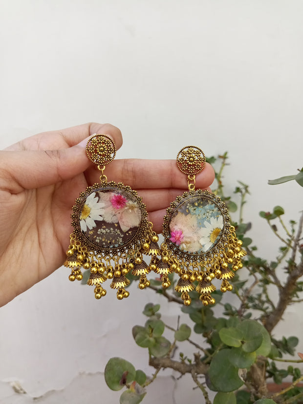 Flat Pressed Resin Preserved  Multi jhumkian with Flower  Jhumka