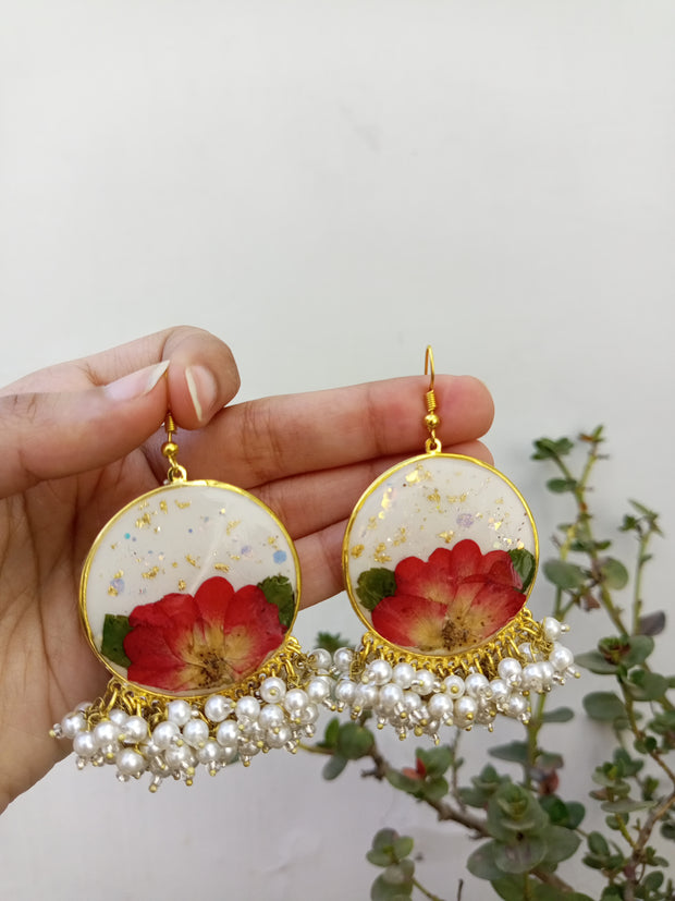 Flat Pressed Resin Preserved Fresh  Rose Flower White Base Heavy Pearls Hanging  Earrings
