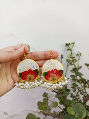 Flat Pressed Resin Preserved Fresh  Rose Flower White Base Heavy Pearls Hanging  Earrings