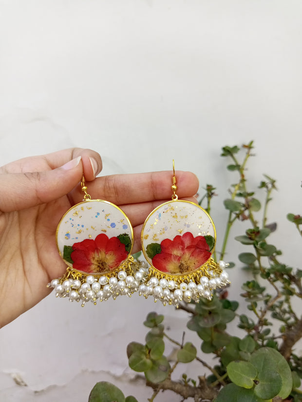 Flat Pressed Resin Preserved Fresh  Rose Flower White Base Heavy Pearls Hanging  Earrings
