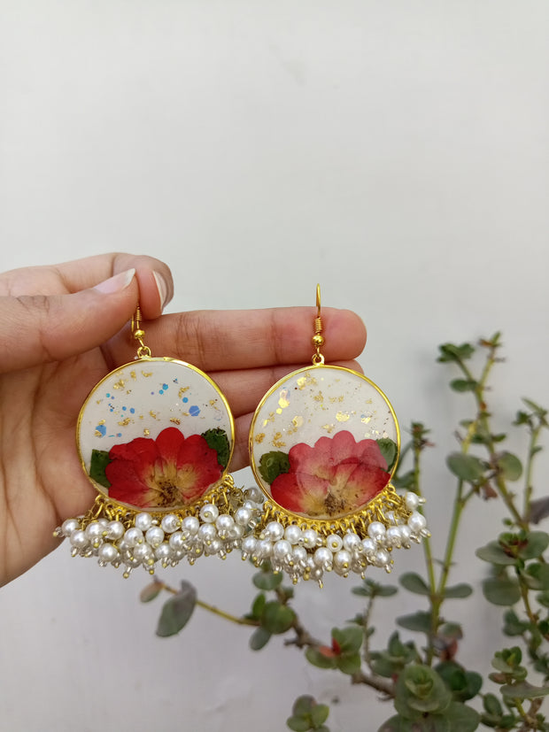Flat Pressed Resin Preserved Fresh  Rose Flower White Base Heavy Pearls Hanging  Earrings