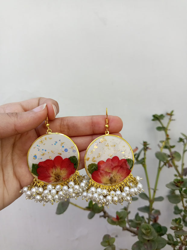 Flat Pressed Resin Preserved Fresh  Rose Flower White Base Heavy Pearls Hanging  Earrings