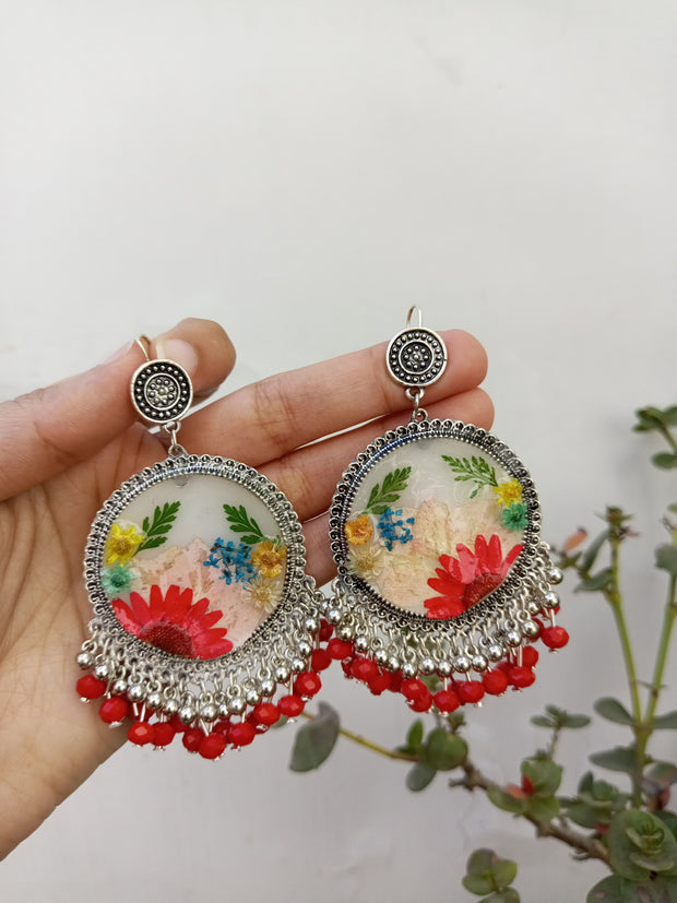 Flat Pressed Resin Preserved Multi  Flower Red Silver Beads Jhumka