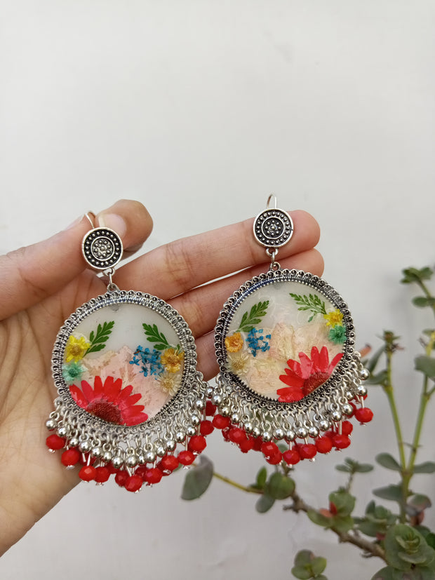 Flat Pressed Resin Preserved Multi  Flower Red Silver Beads Jhumka