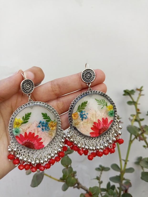 Flat Pressed Resin Preserved Multi  Flower Red Silver Beads Jhumka