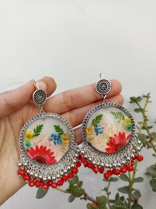 Flat Pressed Resin Preserved Multi  Flower Red Silver Beads Jhumka