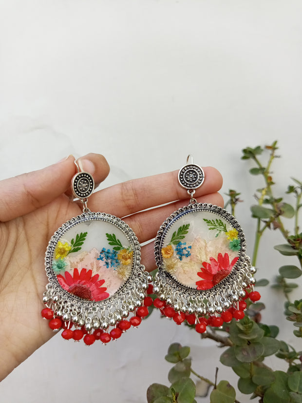Flat Pressed Resin Preserved Multi  Flower Red Silver Beads Jhumka