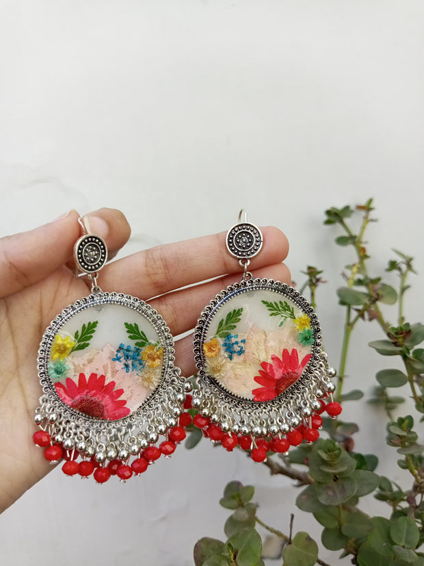 Flat Pressed Resin Preserved Multi  Flower Red Silver Beads Jhumka