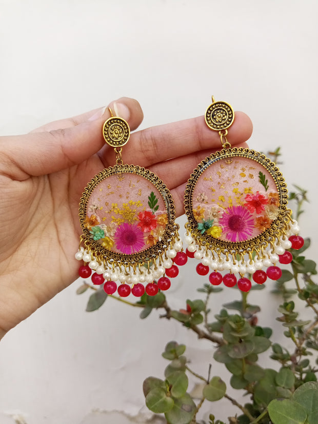 Flat Pressed Resin Preserved Multi  Flower Pink Base jhumka