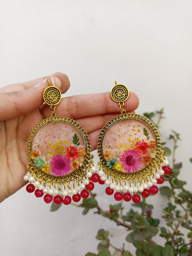 Flat Pressed Resin Preserved Multi  Flower Pink Base jhumka