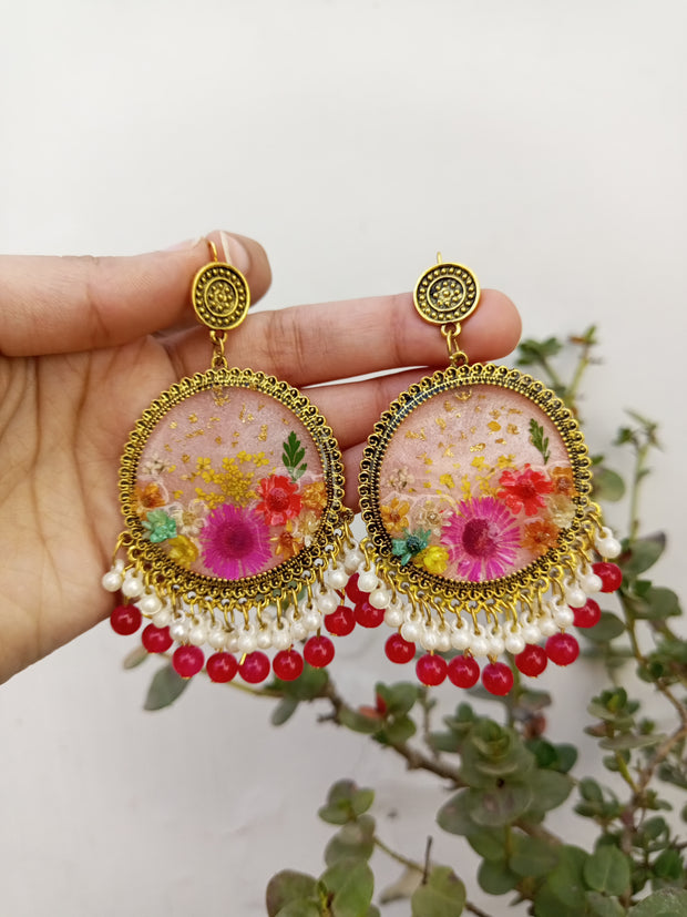 Flat Pressed Resin Preserved Multi  Flower Pink Base jhumka