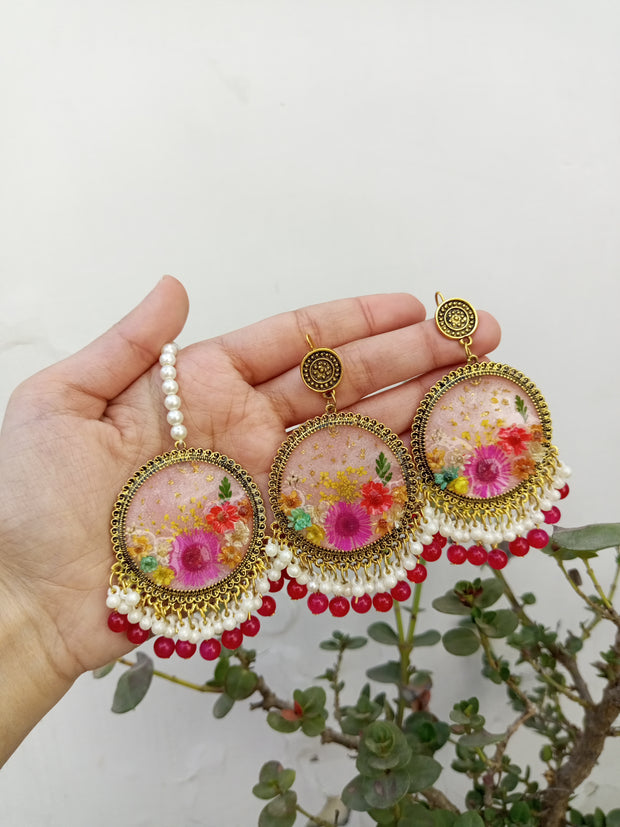 Flat Pressed Resin Preserved Multi  Flower Pink Base jhumka
