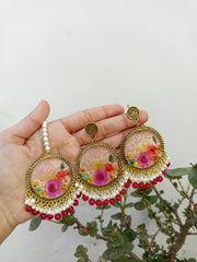 Multi  Flower Pink Base Pendant and  jhumka Set
