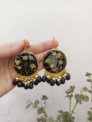 Flat Pressed Resin Preserved Baby Breaths Flower Black  Pearls Hanging  Earrings