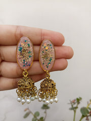 Flat Pressed Resin Preserved Multi Analace  Flower Pink Base Oval  Jhumki Earrings