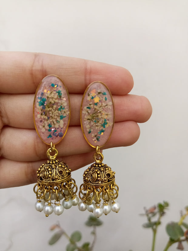 Flat Pressed Resin Preserved Multi Analace  Flower Pink Base Oval  Jhumki Earrings