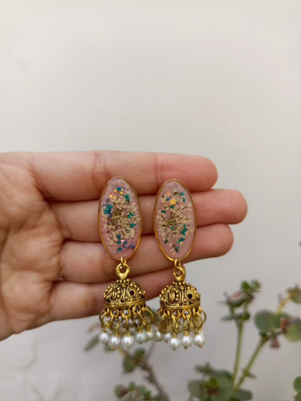Flat Pressed Resin Preserved Multi Analace  Flower Pink Base Oval  Jhumki Earrings