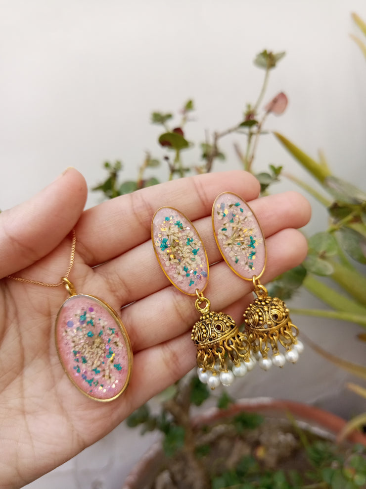 Flat Pressed Resin Preserved Multi Analace  Flower Pink Base Oval  Pendant  and Jhumki Earrings