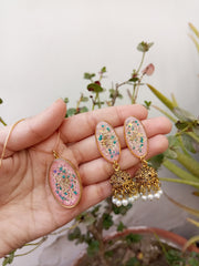 Flat Pressed Resin Preserved Multi Analace  Flower Pink Base Oval  Pendant  and Jhumki Earrings
