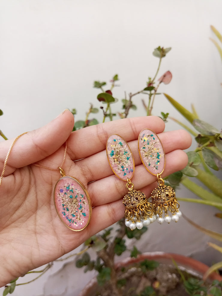 Flat Pressed Resin Preserved Multi Analace  Flower Pink Base Oval  Pendant  and Jhumki Earrings