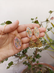 Flat Pressed Resin Preserved Multi Analace  Flower Pink Base Oval  Pendant  and Jhumki Earrings