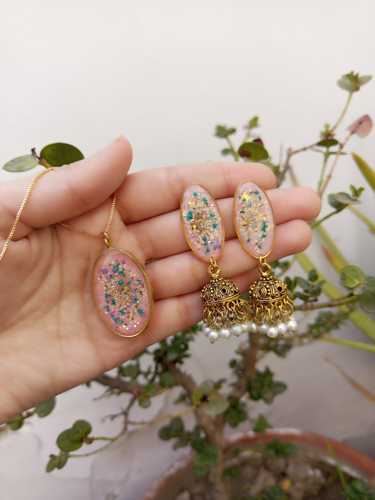 Flat Pressed Resin Preserved Multi Analace  Flower Pink Base Oval  Pendant  and Jhumki Earrings