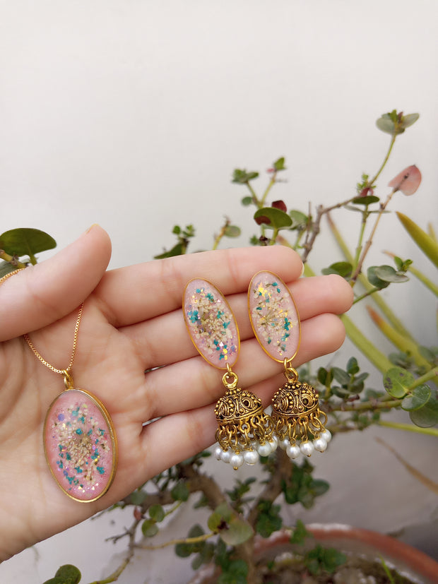 Flat Pressed Resin Preserved Multi Analace  Flower Pink Base Oval  Jhumki Earrings