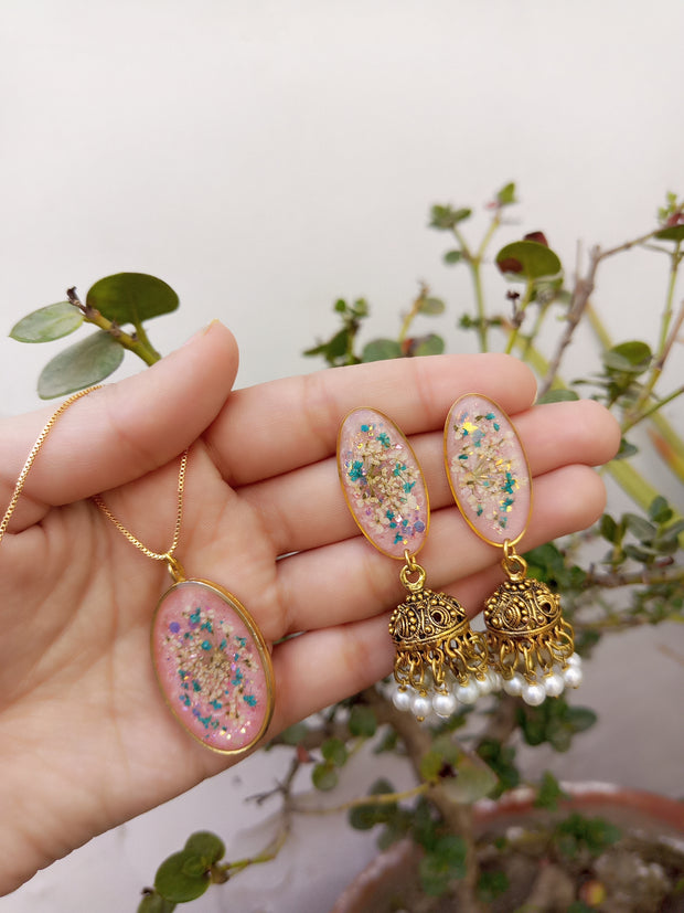 Multi Analace  Flower Pink Base Oval  Pendant  and Jhumki Earrings
