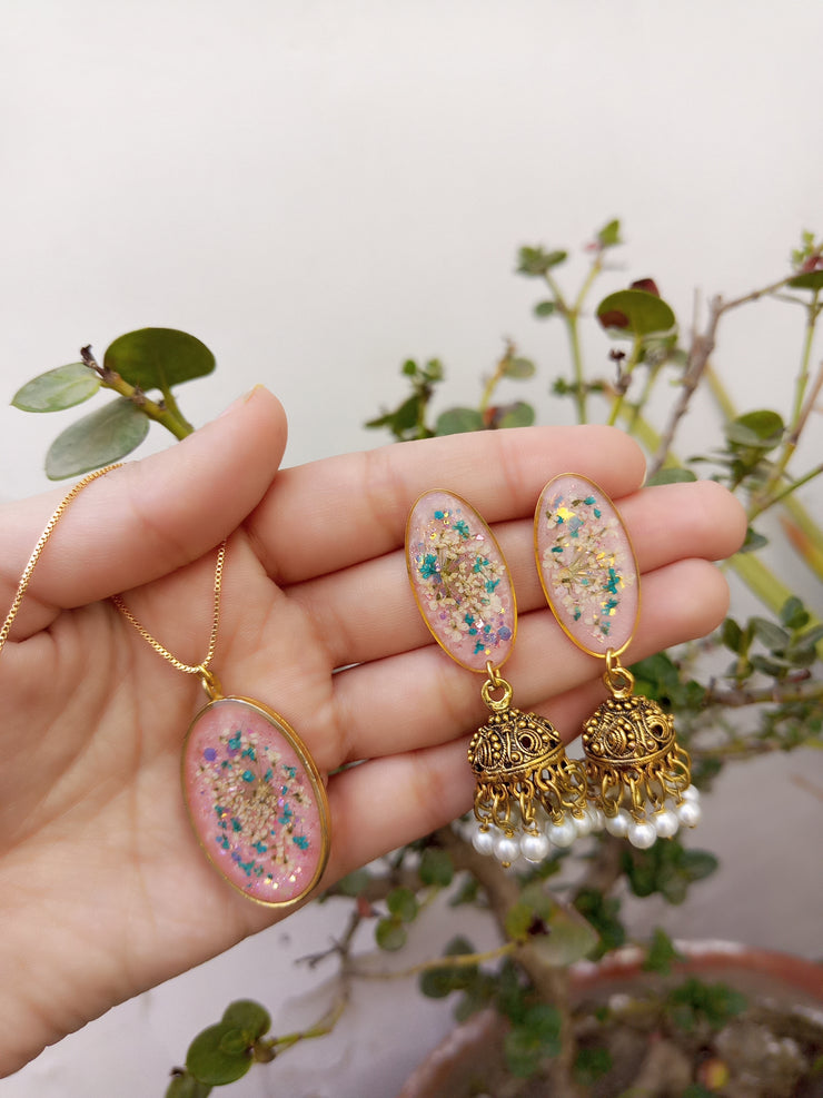 Flat Pressed Resin Preserved Multi Analace  Flower Pink Base Oval  Pendant  and Jhumki Earrings