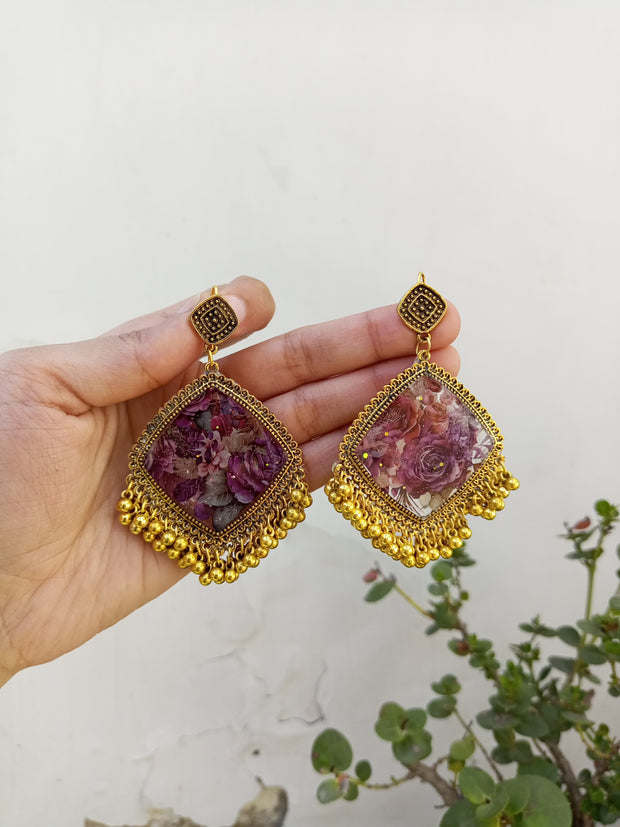 Resin Preserved Diamond  Floral Painting  Jhumka