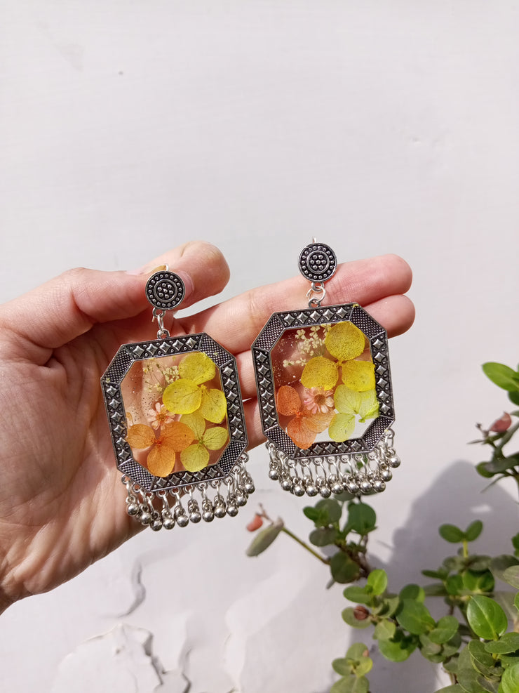 Flat Pressed Resin Preserved    Flower  Transparent Silver  Jhumka