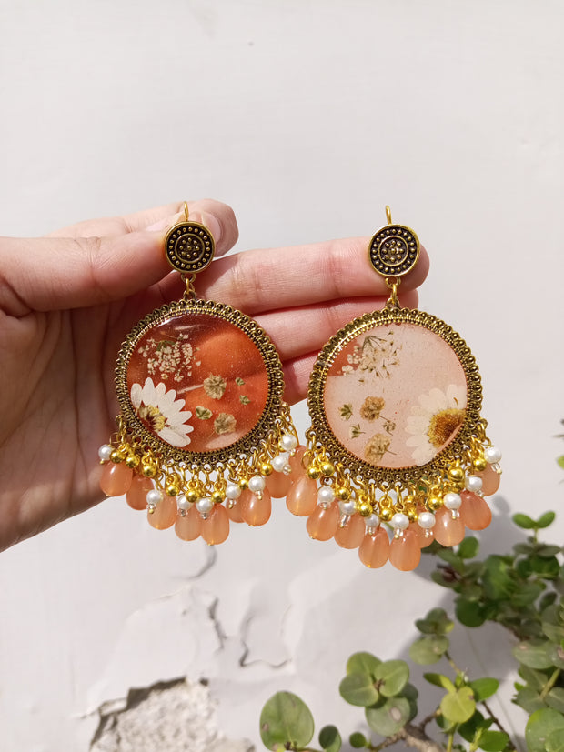 Flat Pressed Resin Preserved White  Flower Peach Beads Jhumka