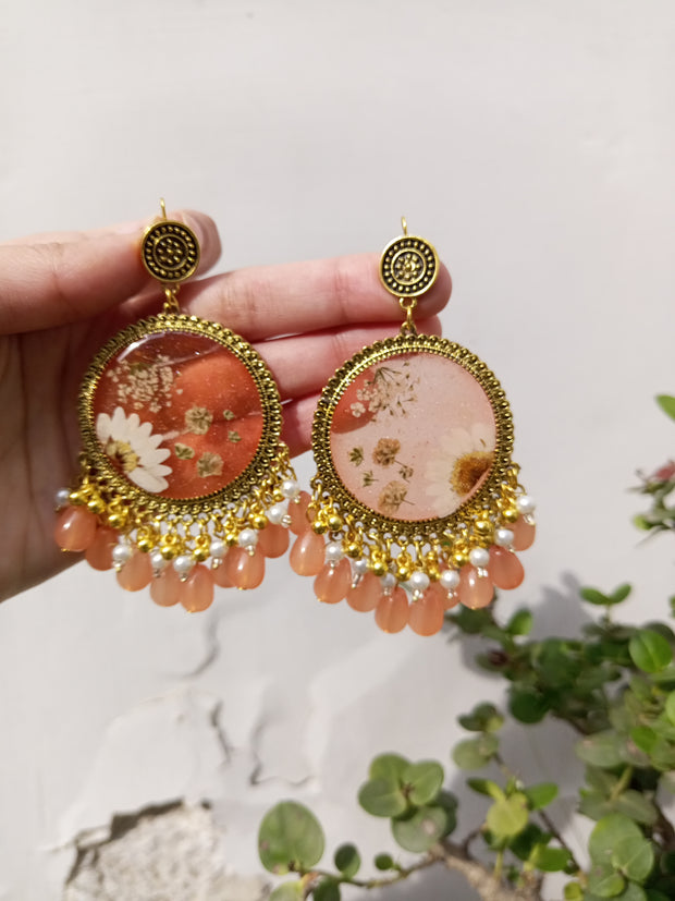 Flat Pressed Resin Preserved White  Flower Peach Beads Jhumka