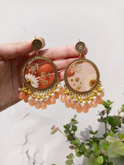 Flat Pressed Resin Preserved White  Flower Peach Beads Jhumka
