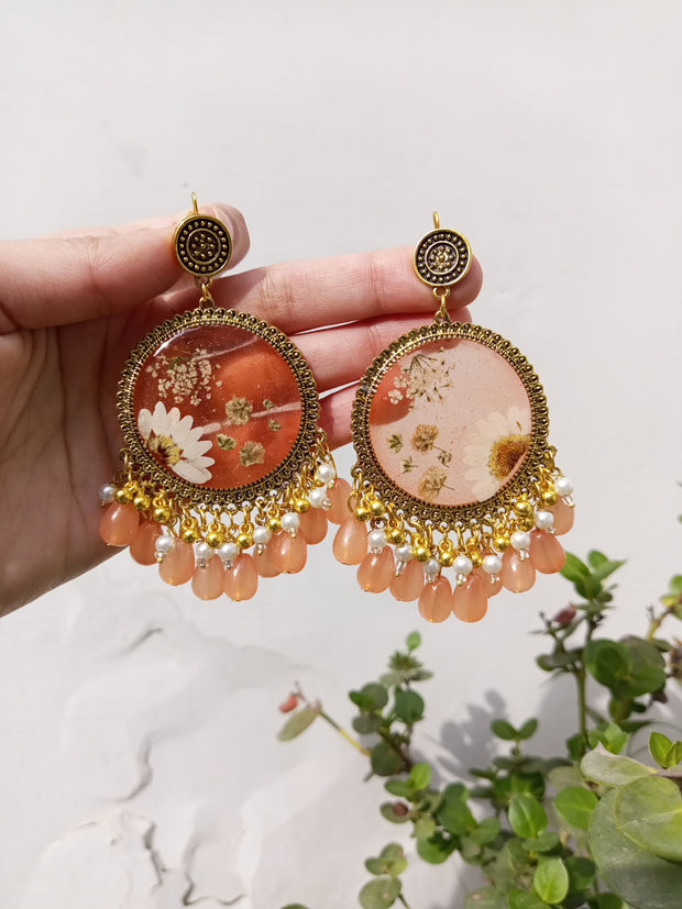 Flat Pressed Resin Preserved White  Flower Peach Beads Jhumka