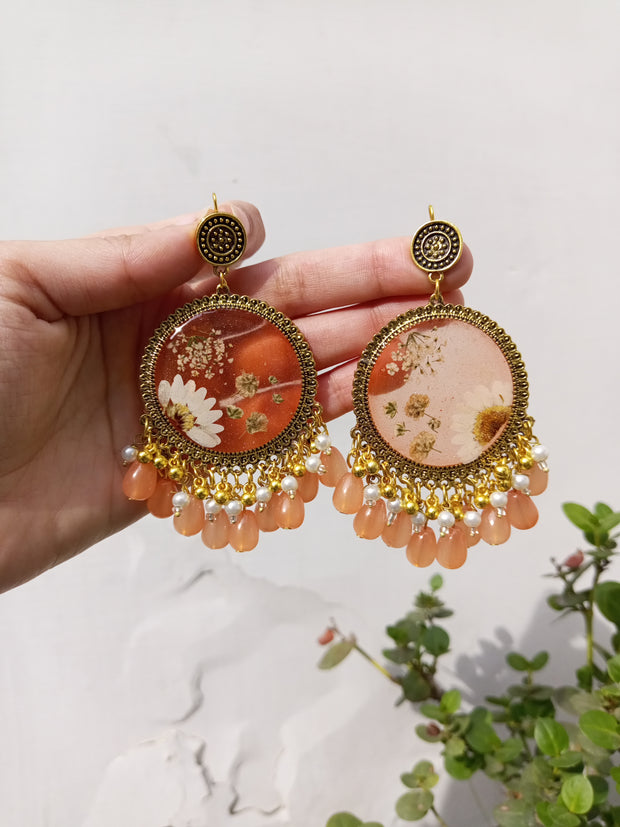 Flat Pressed Resin Preserved White  Flower Peach Beads Jhumka