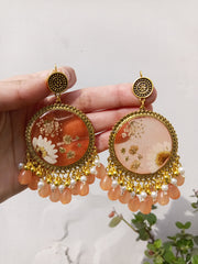 Flat Pressed Resin Preserved White  Flower Peach Beads Jhumka
