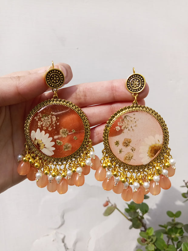 Flat Pressed Resin Preserved White  Flower Peach Beads Jhumka