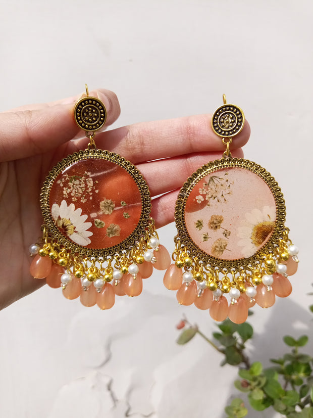 Flat Pressed Resin Preserved White  Flower Peach Beads Jhumka