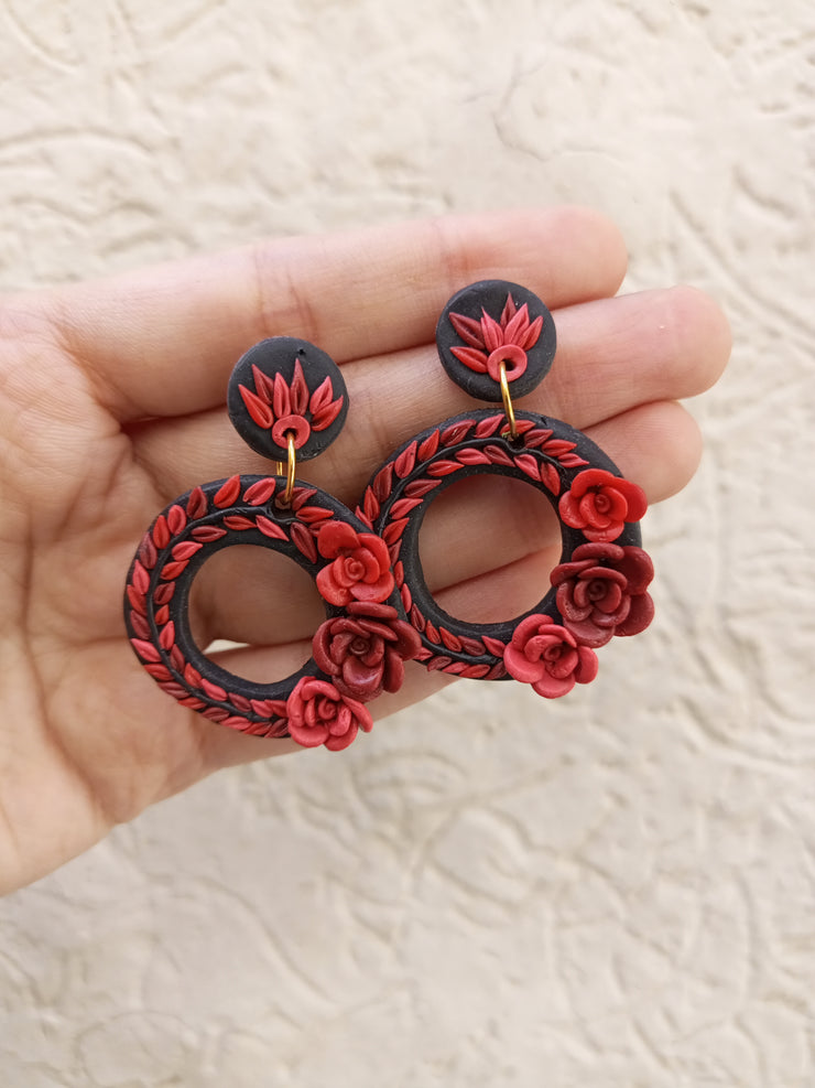 polymer clay red and  black hoop earrings