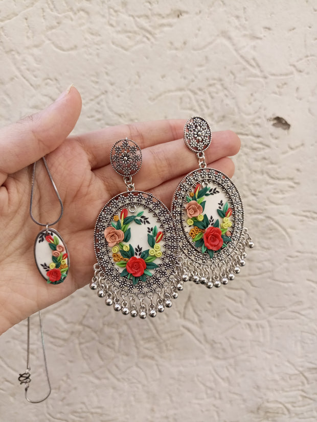 polymer clay oval  jhumka and pendat set