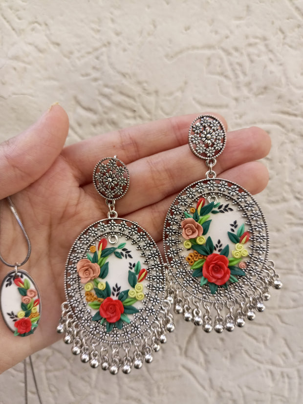 polymer clay oval  jhumka and pendat set