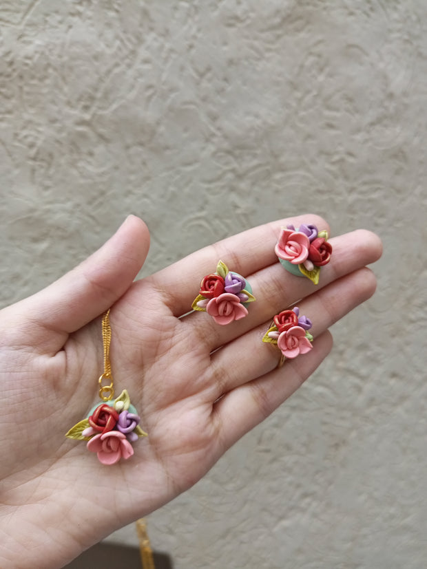 polymer clay dark  colour multi ring,pendant and studs set