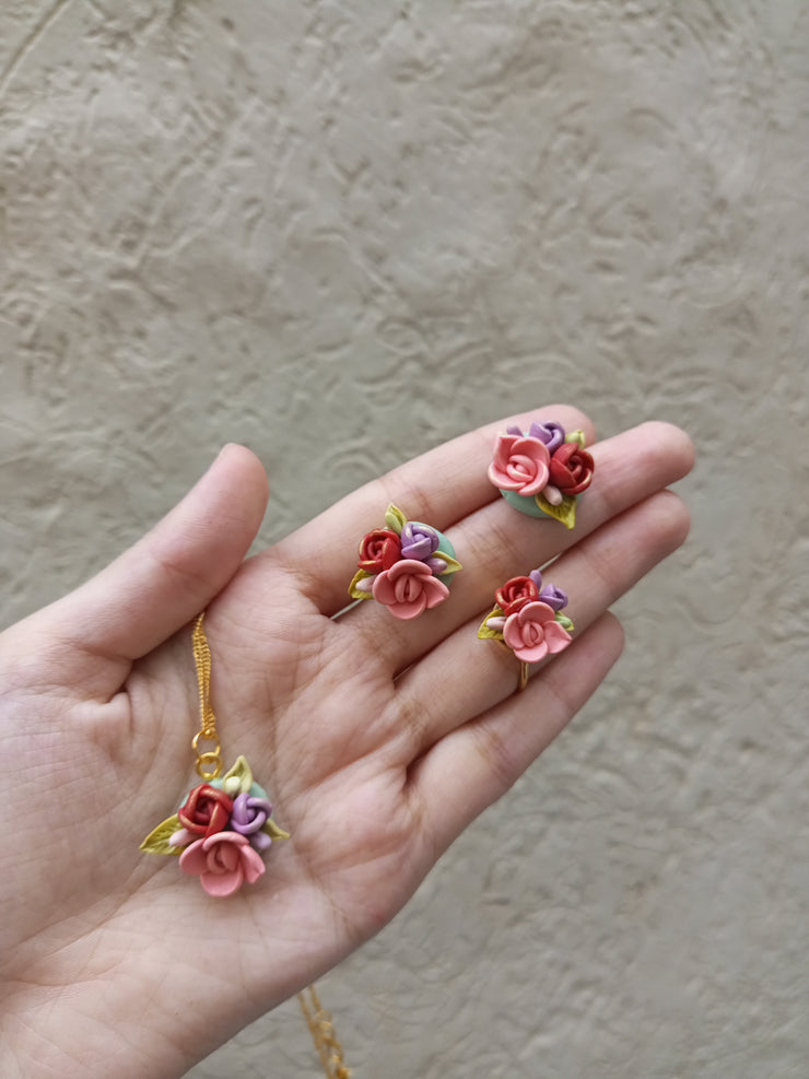 polymer clay dark  colour multi ring,pendant and studs set