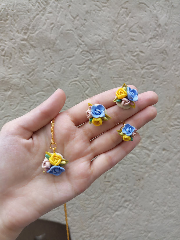 polymer clay light colour multi ring,pendant and studs set