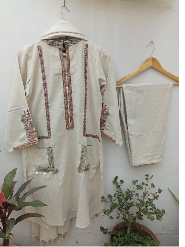 3pc  Embroidered hand woven jute khaddar