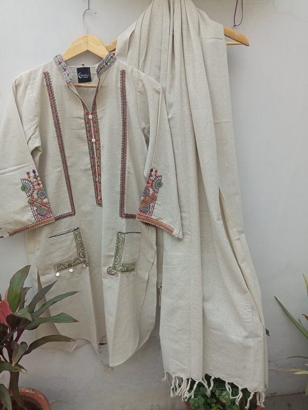 3pc  Embroidered hand woven jute khaddar