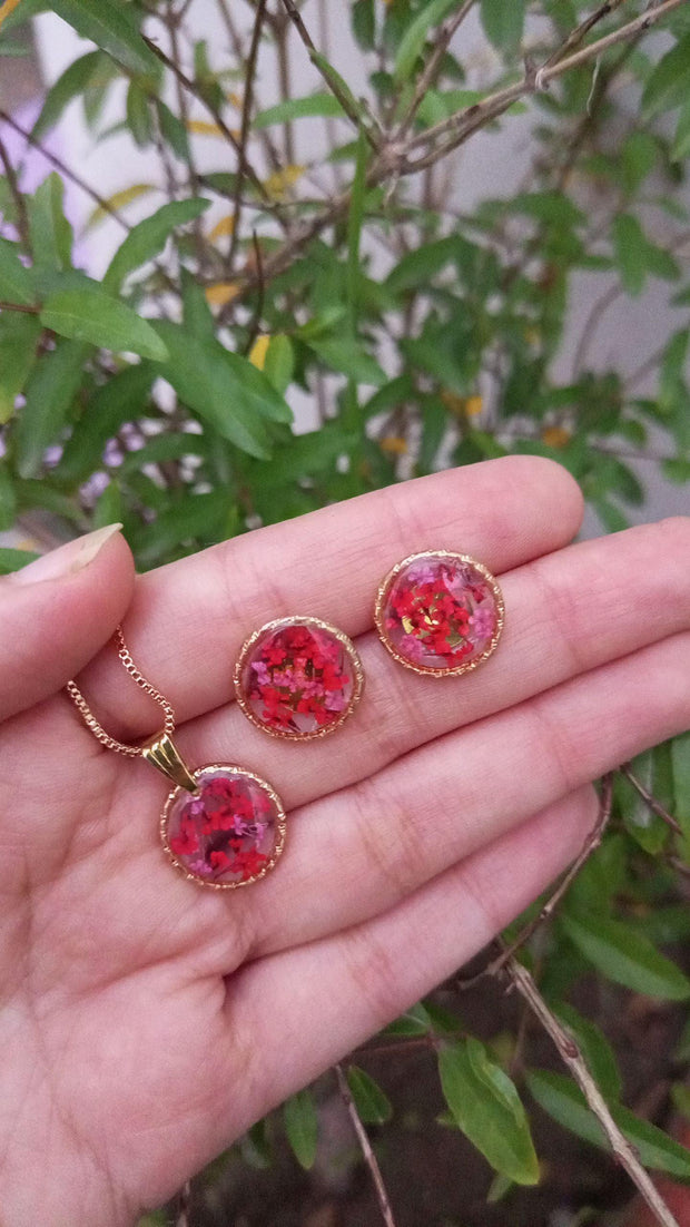Flat Pressed Resin Preserved Fresh Petal Charms Epoxy Dried Flower Pendent and Ear studs Pink set