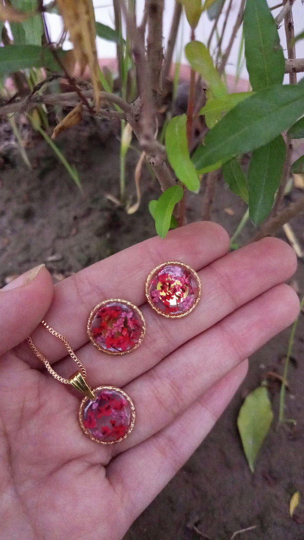 Flat Pressed Resin Preserved Fresh Petal Charms Epoxy Dried Flower Pendent and Ear studs Pink set