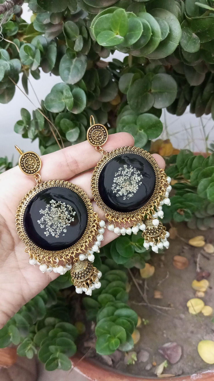 Flat Pressed Resin Preserved Fresh Petal Charms Epoxy Dried Flower Black  Jhumka Earrings jewelry